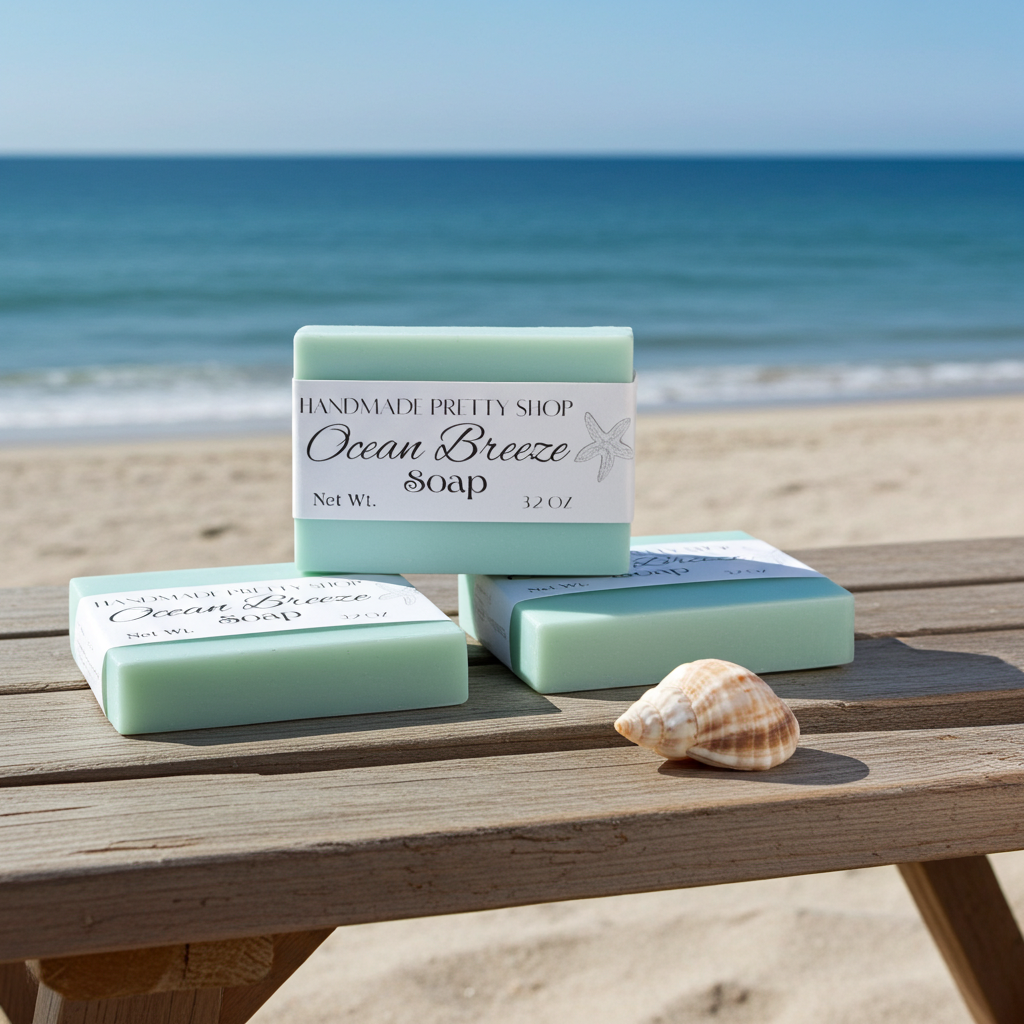 Three bars of ocean breeze soap on a picnic bench at the beach