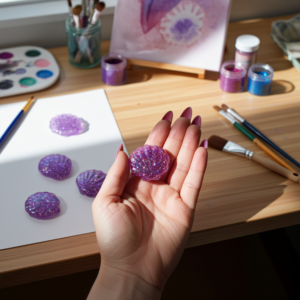 The image shows a hand holding a purple sequin shell with painting supplies in the background.