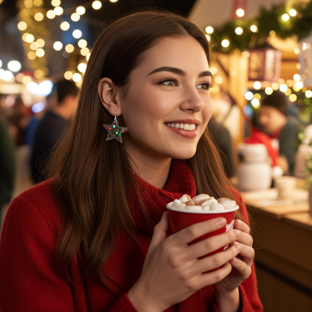 Christmas Star Earring - Holiday Earrings - Red & Green - Festive