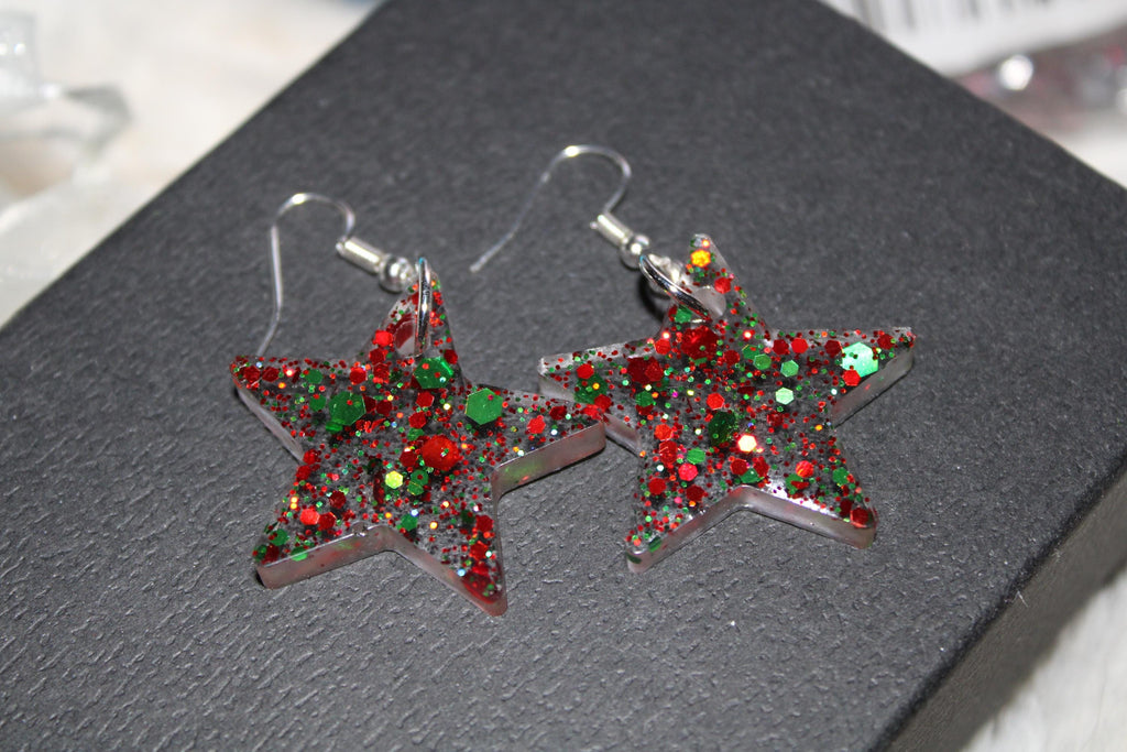Christmas Star Earring - Holiday Earrings - Red & Green - Festive
