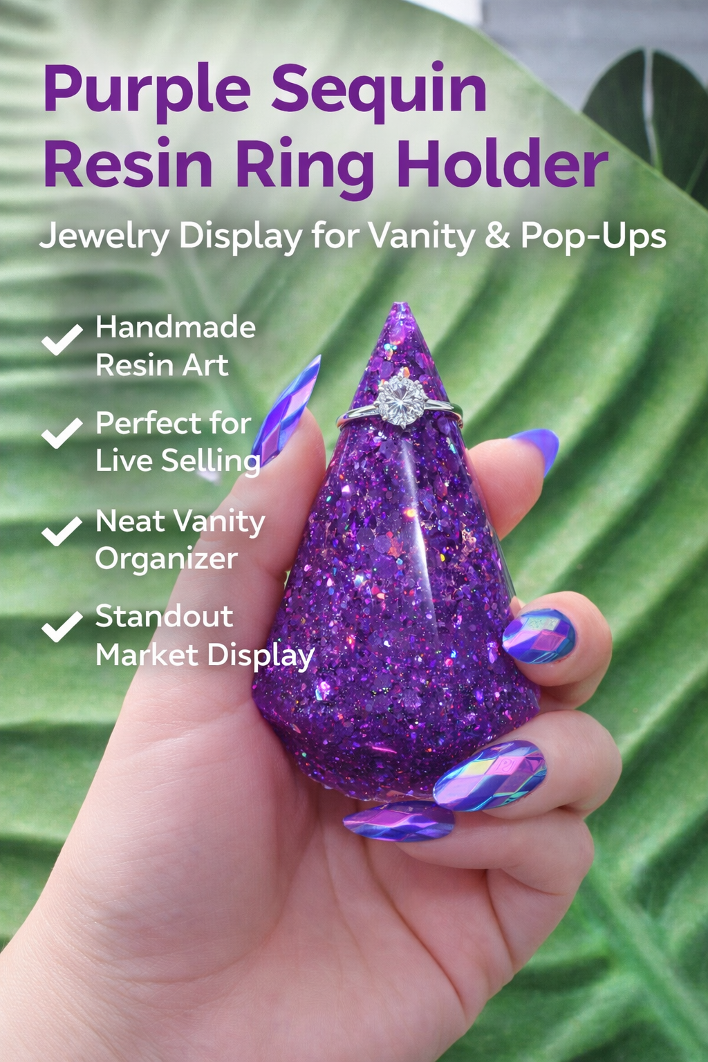 Purple sequin resin ring holder held by a hand with a green leafy background