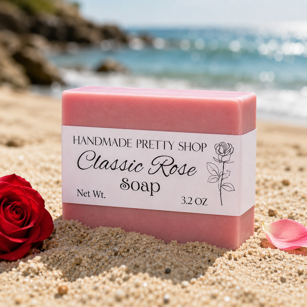 Photo shows a rose scented soap bar on the sand