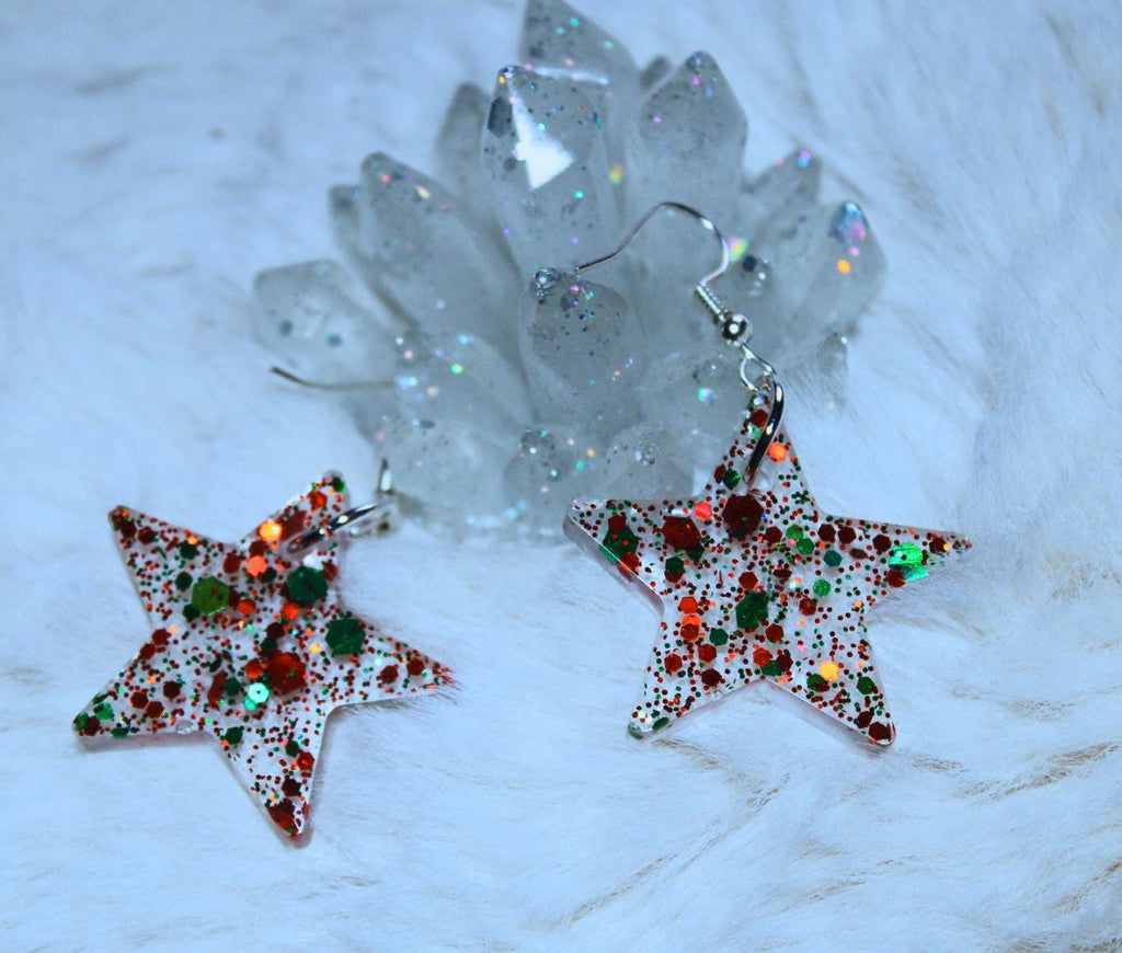 Christmas Star Earring - Holiday Earrings - Red & Green - Festive