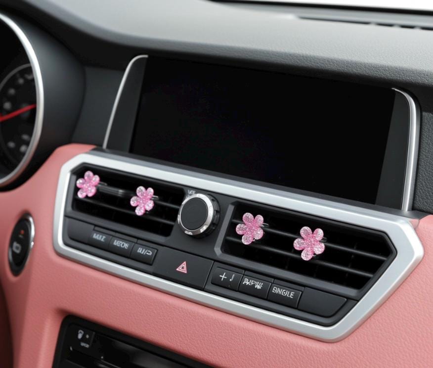 Car decor with pink flower designs on a car dashboard