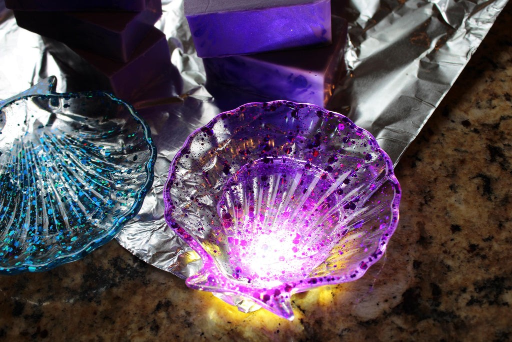 Resin shell soap dish with purple sequins
