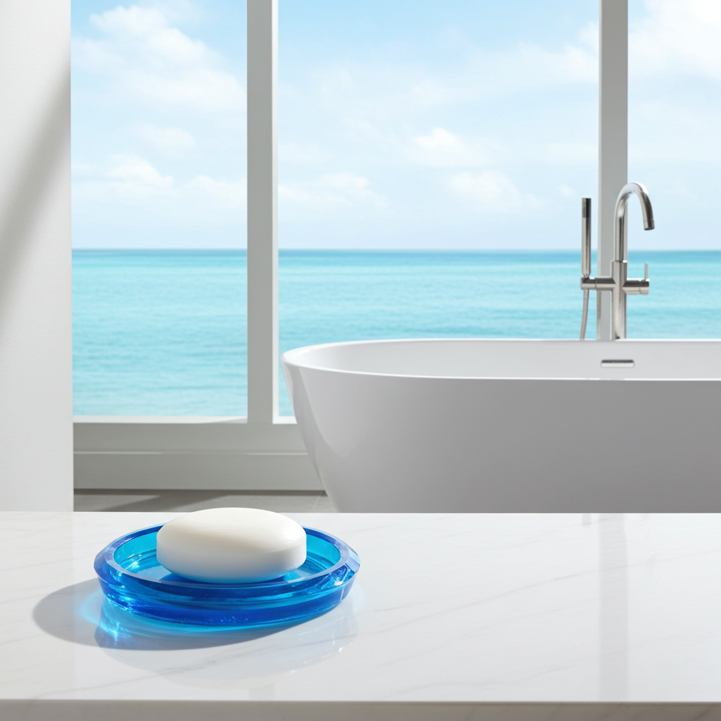 A bar of soap sits in a blue resin soap dish on a marble countertop with a modern bathtub and ocean view in the background.