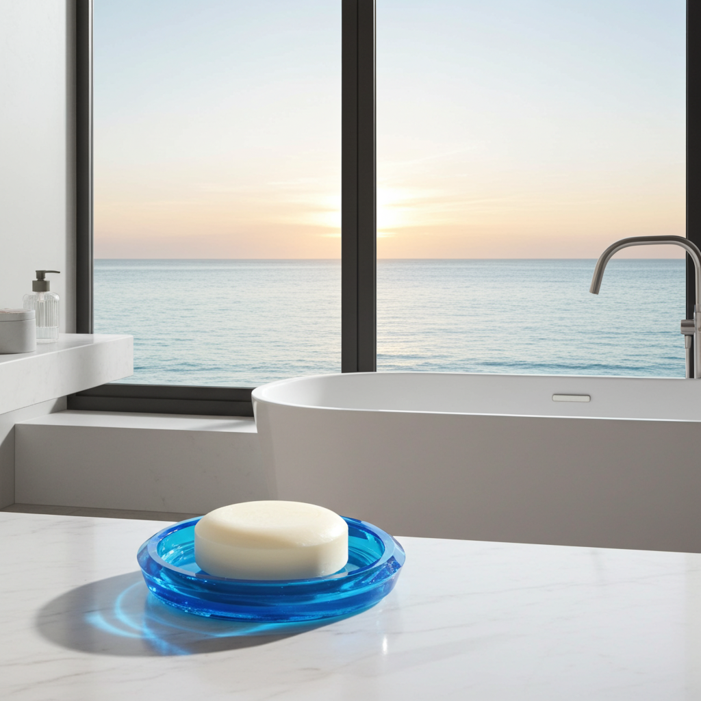 A bar of soap sits in a blue dish on a marble bathroom countertop, with a modern bathtub and ocean view visible through the window.