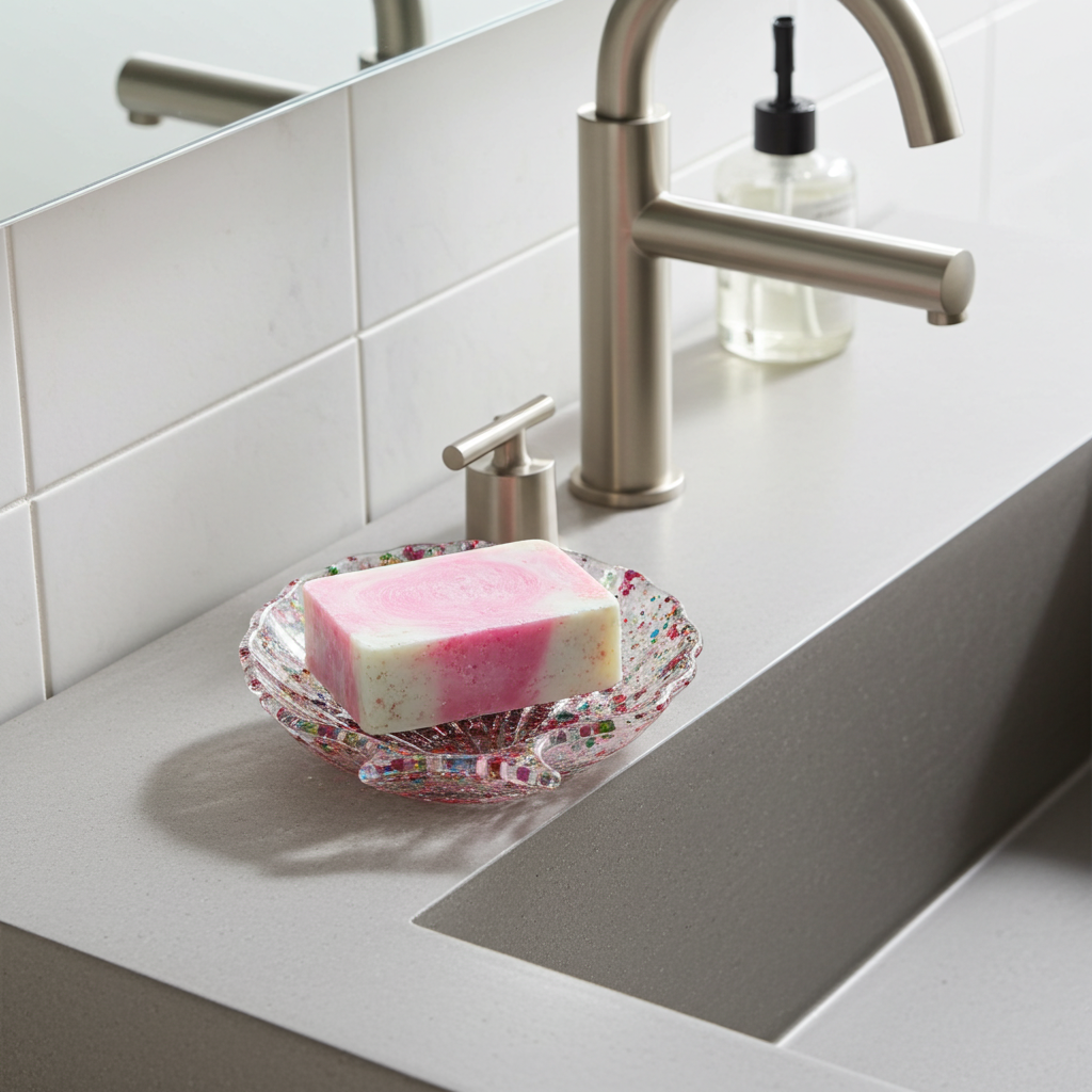 Pink soap on a decorative soap dish in a modern bathroom.