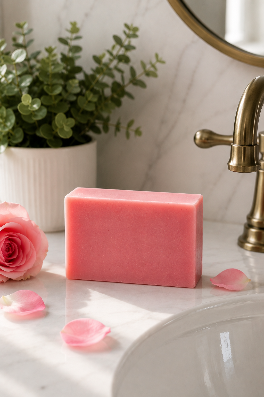 Photo shows a bar of rose scented soap on a sink