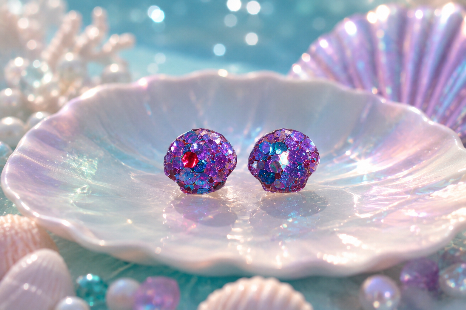 Glittery mermaid colored shell stud earrings displayed on a white scalloped shell dish surrounded by seashells and pearls.