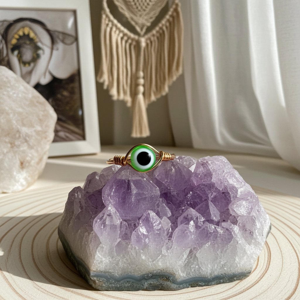 Amethyst crystal with a green evil eye ring on a wooden surface, with decorative items in the background.