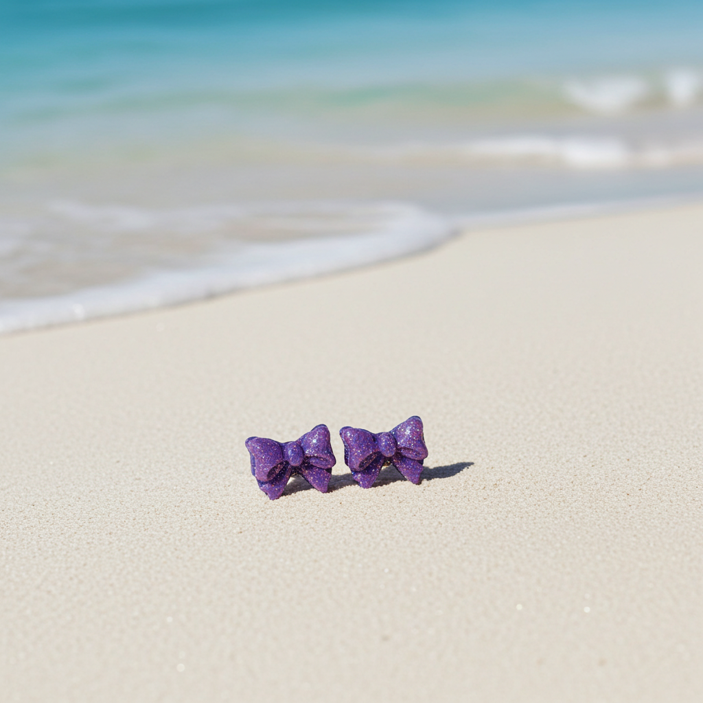 Purple bow-shaped earrings on a sandy beach with ocean waves in the background