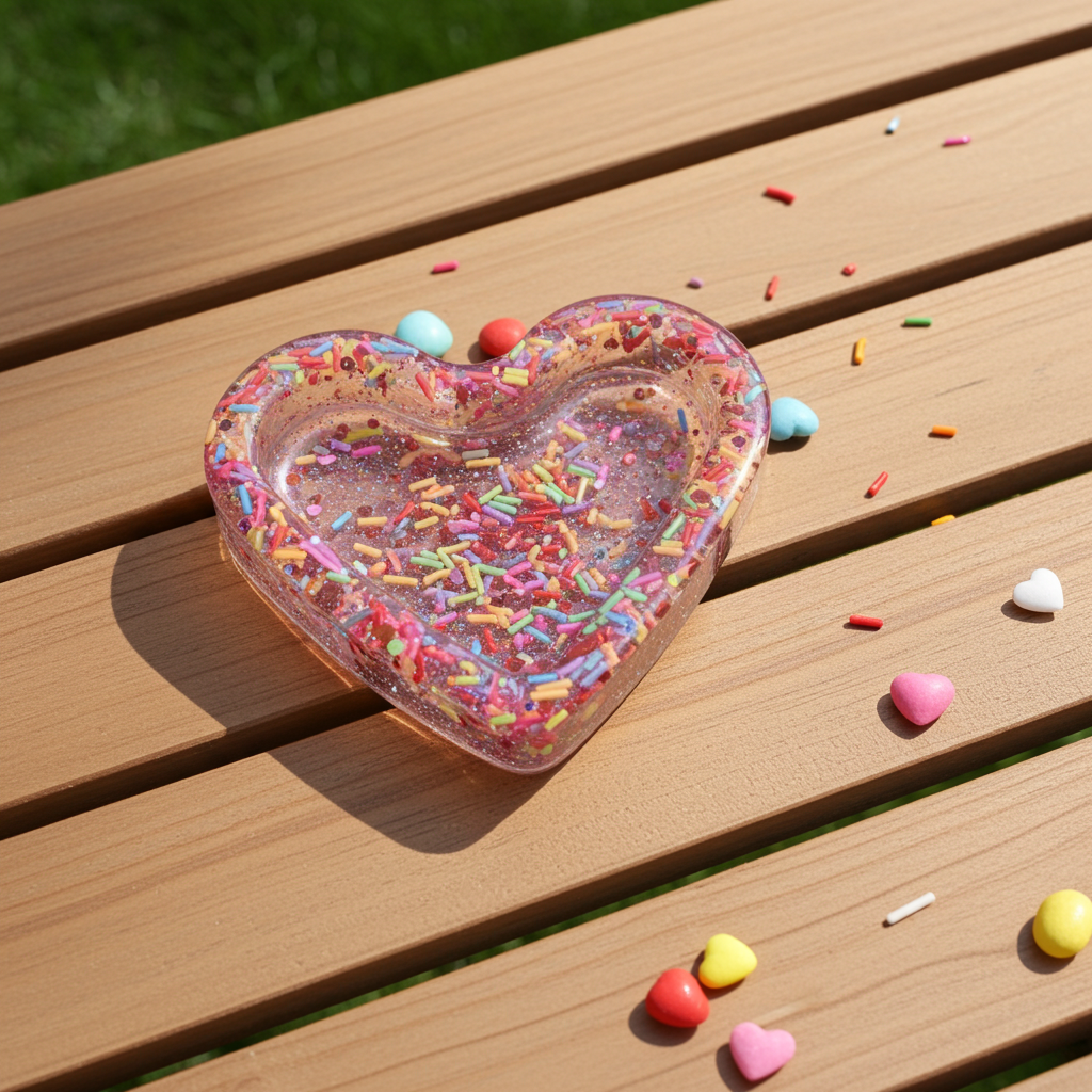 Heart-shaped resin ashtray with colorful sprinkles on a wooden surface with scattered candies.