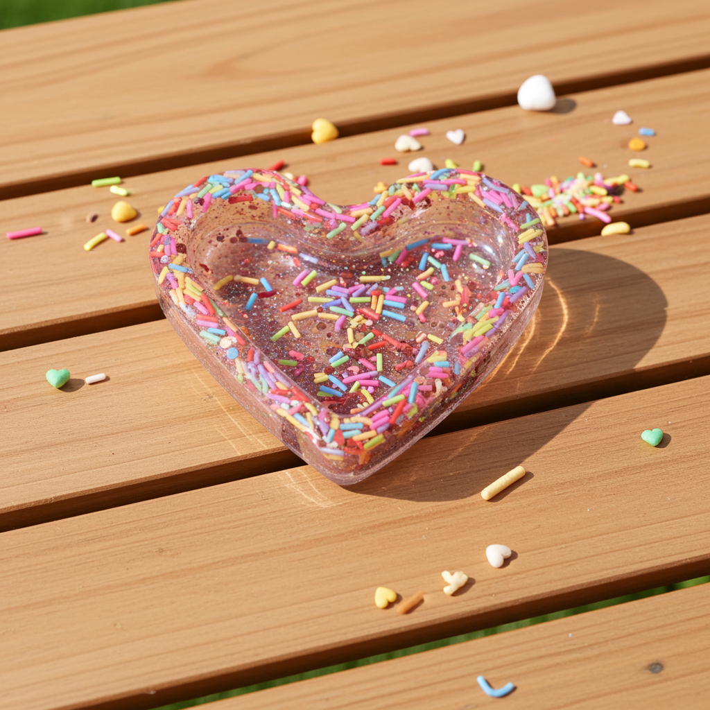 Heart-shaped ashtray with colorful sprinkles on a wooden surface