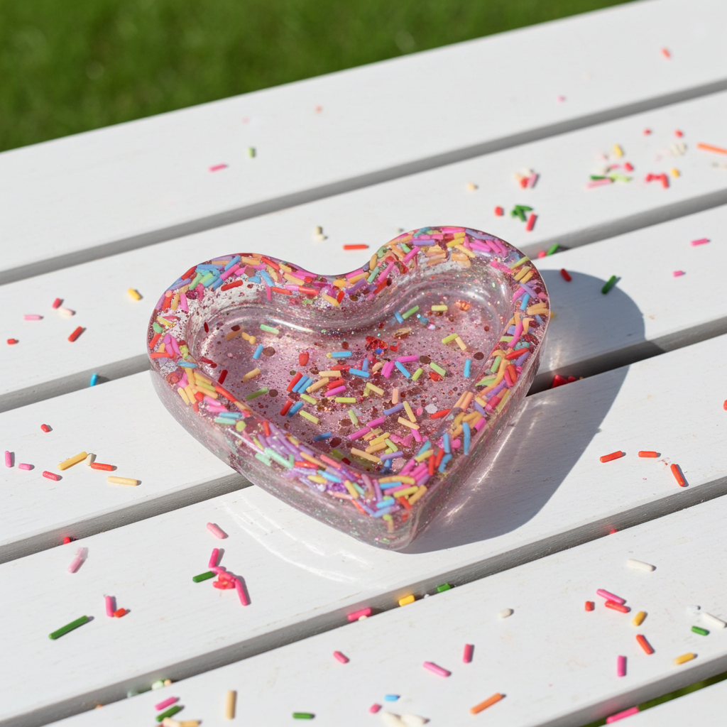 Heart-shaped object ashtray colorful sprinkles on a white surface with scattered sprinkles.