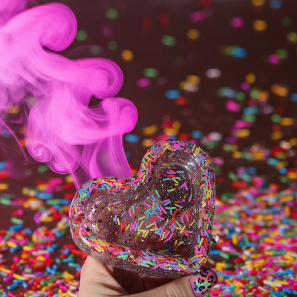 Heart-shaped resin ashtray with colorful sprinkles and pink smoke against a multicolored confetti background