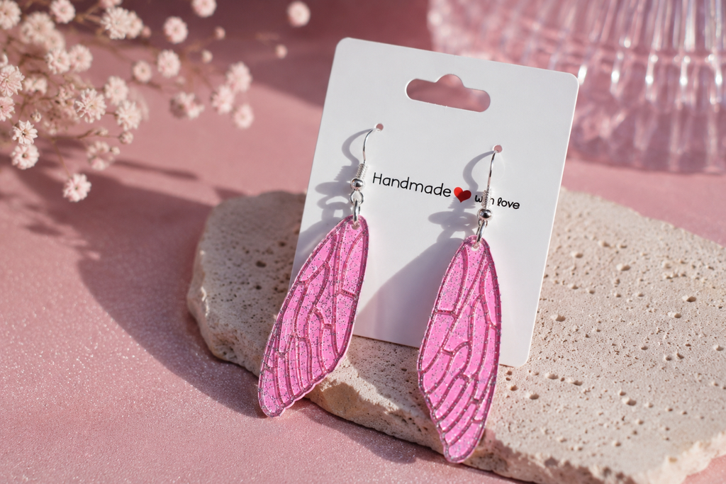 Pink wing-shaped earrings on a white card with 'Handmade with Love' text, placed on a pink surface with flowers.