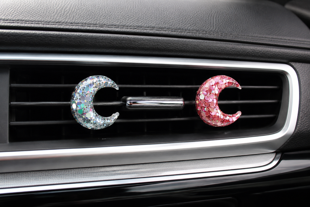 Set of two sequin silver and pink crescent moon car vent clips