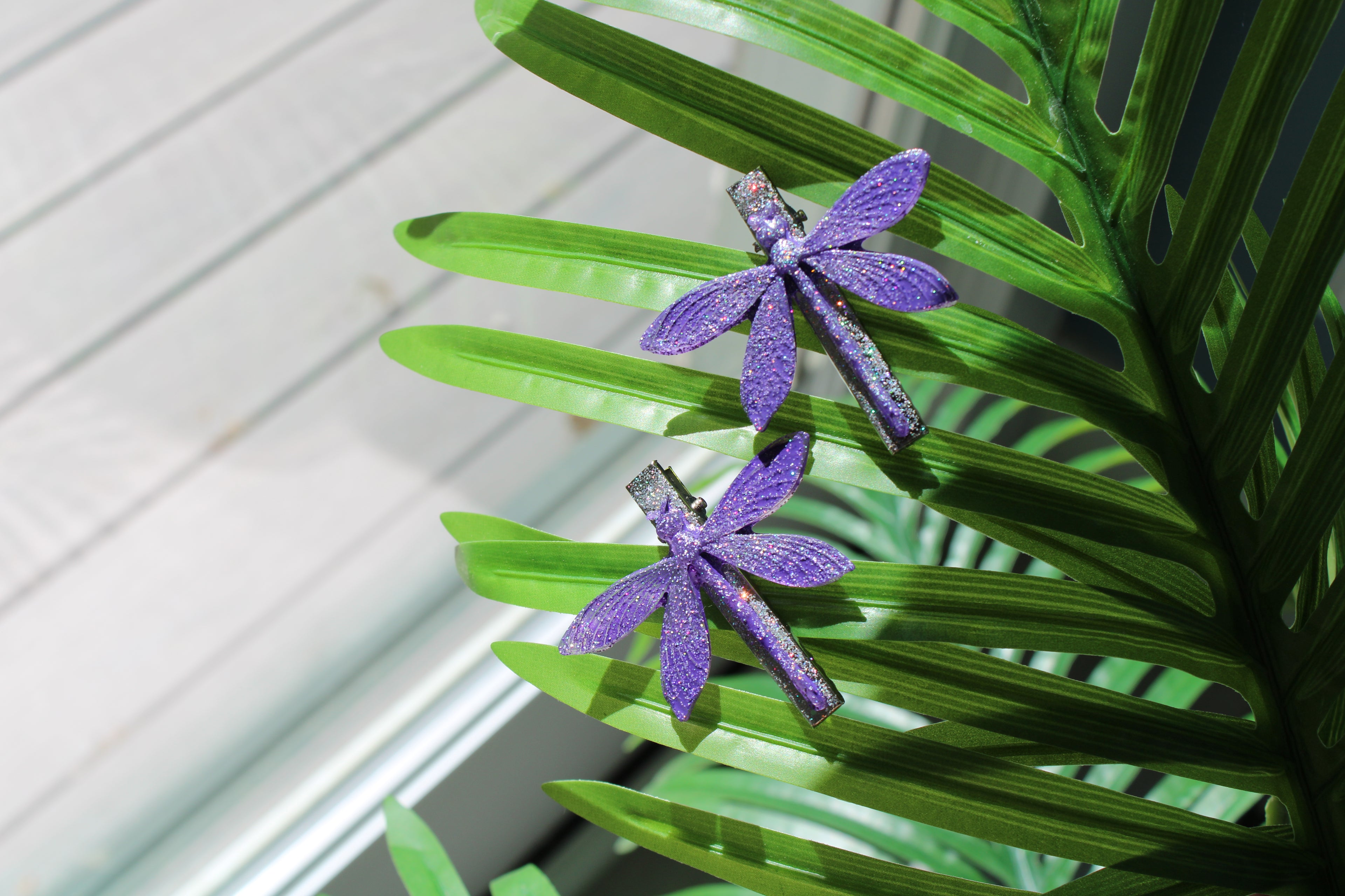 Purple dragonfly hair clips on a green leaf 