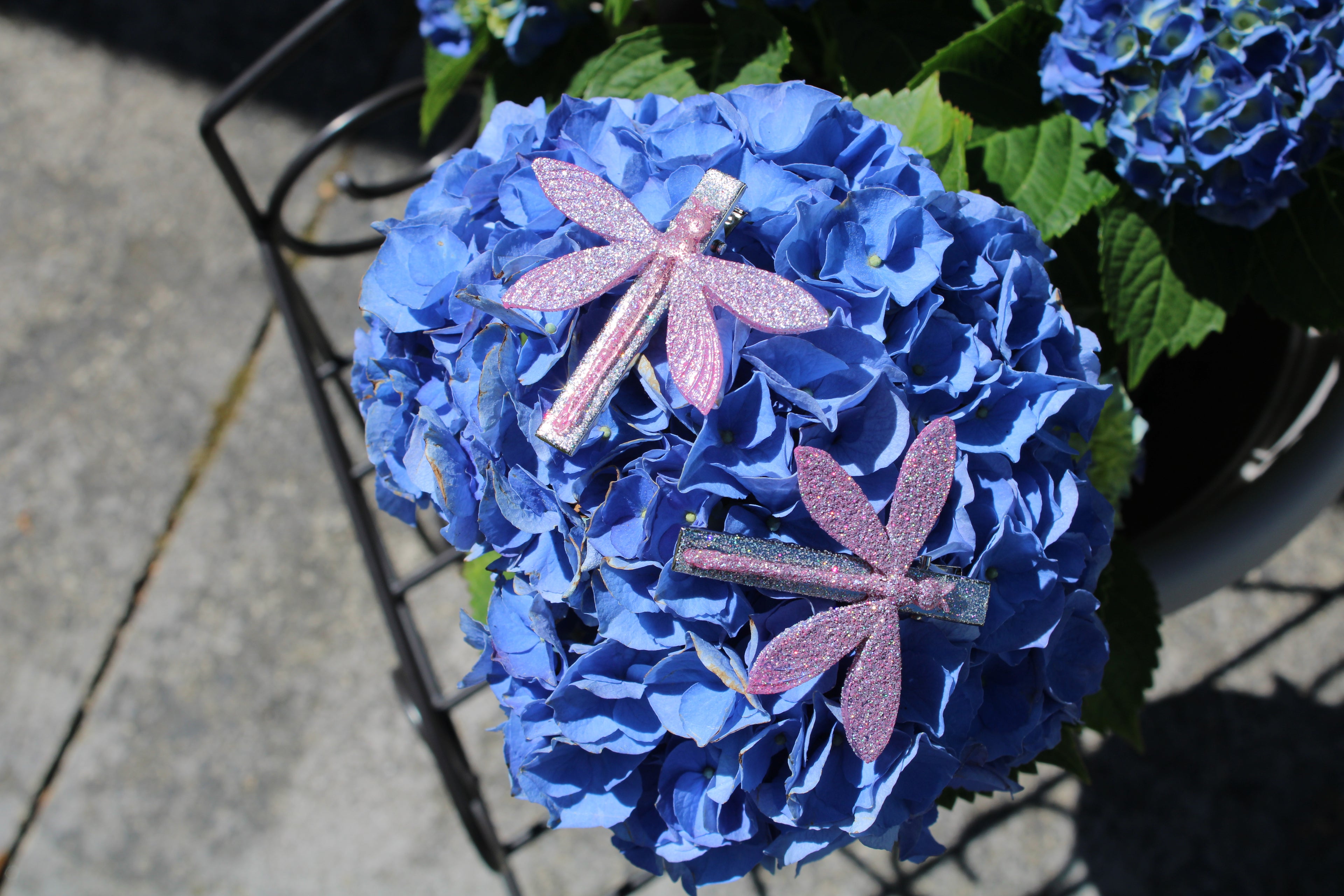 Blue hydrangea flower with pink dragonfly hair clips on a concrete surface