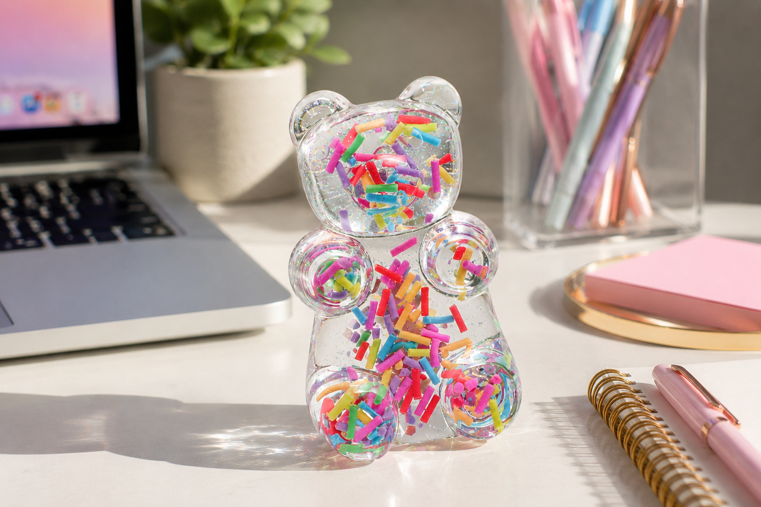 A clear bear-shaped resin figurine with multicolored sprinkles, placed on a desk with a laptop, plant, pens, and notebooks in the background.