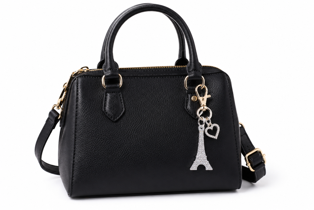 A black pebbled leather handbag with double top handles, a detachable shoulder strap, gold-tone hardware, and a silver Eiffel Tower charm with heart details, shown on a plain white background.