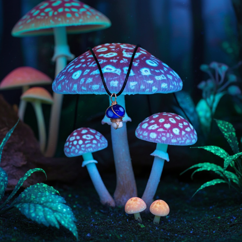 Glowing mushrooms with a necklace featuring a blue pendant in a dark forest setting