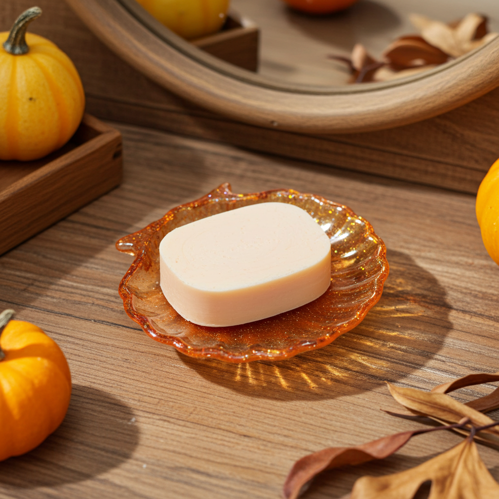 Autumn-themed bathroom decor features a bar of soap resting on a decorative amber soap dish alongside miniature pumpkins.