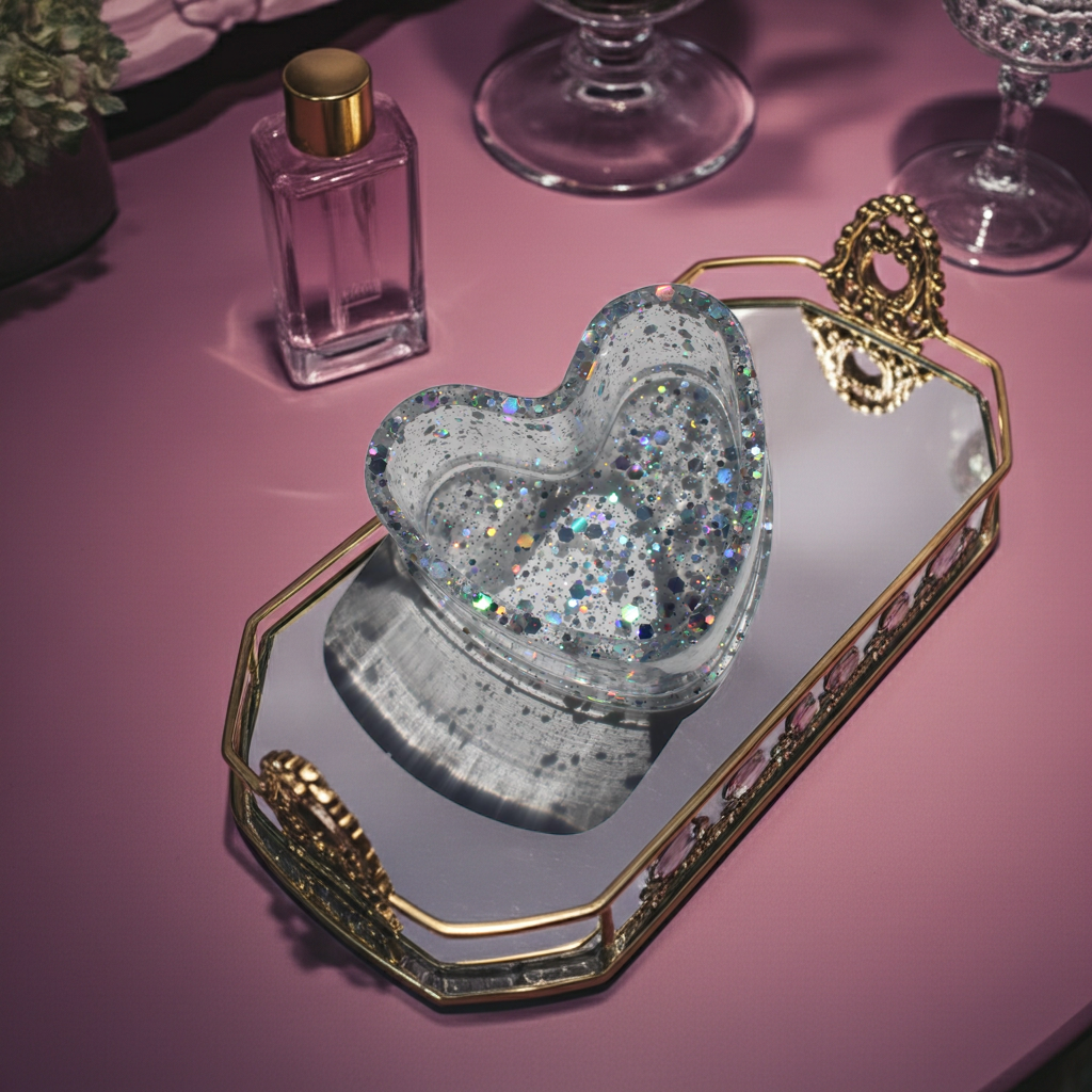 Heart-shaped crystal on a decorative tray with a pink background