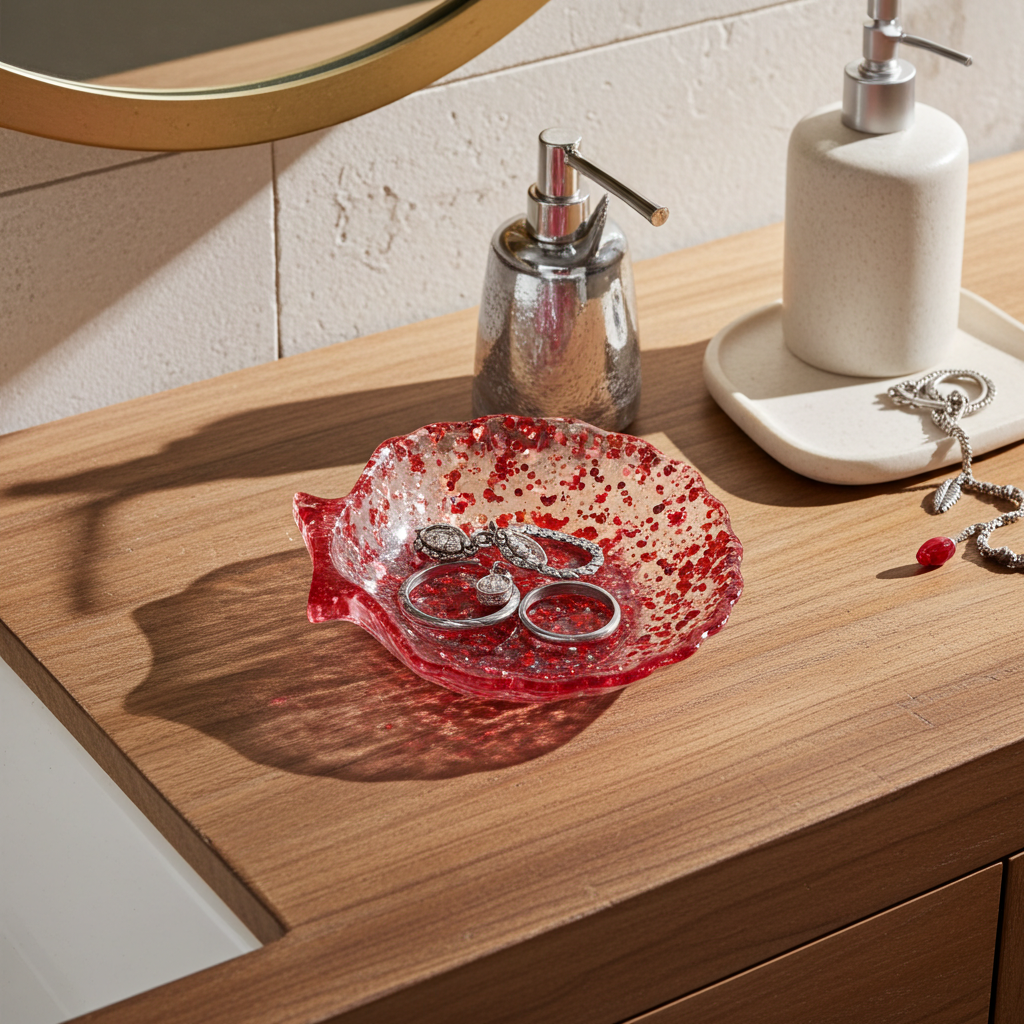Pink resin dish on a wooden surface with jewelry, soap dispenser, and mirror in the background.