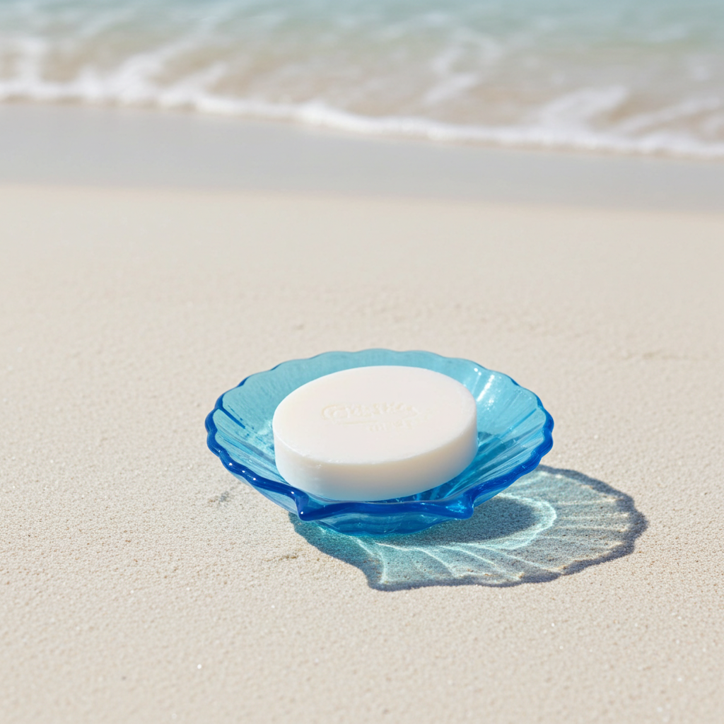 Bar of soap on a blue dish on a sandy beach with ocean waves in the background