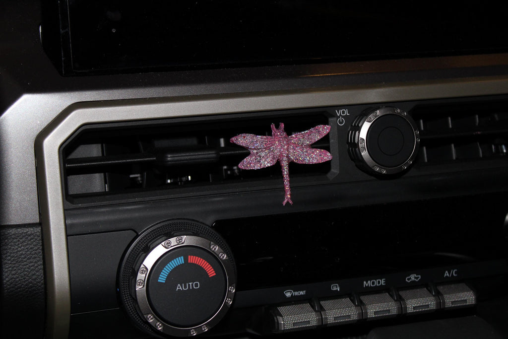 Car dashboard with a dragonfly-shaped car vent clip and control knobs.
