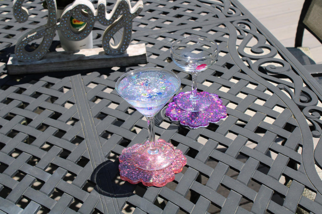 Two decorative flower sequin drink coaster set.