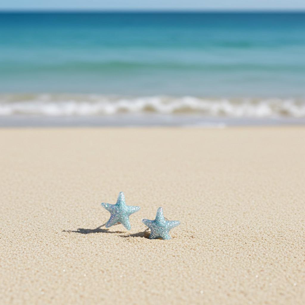 Starfish earrings on a sandy beach with ocean in the background