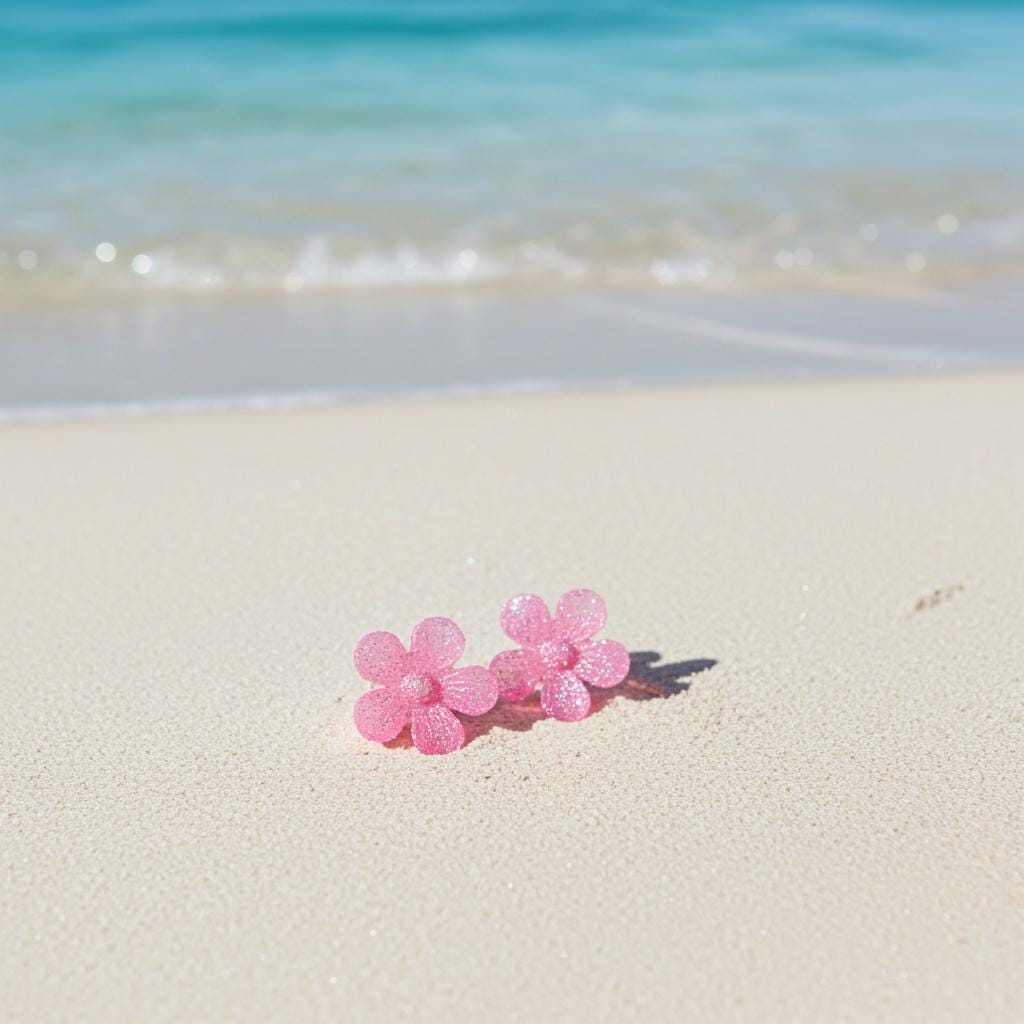 Two pink flowers on a sandy beach with ocean waves in the background