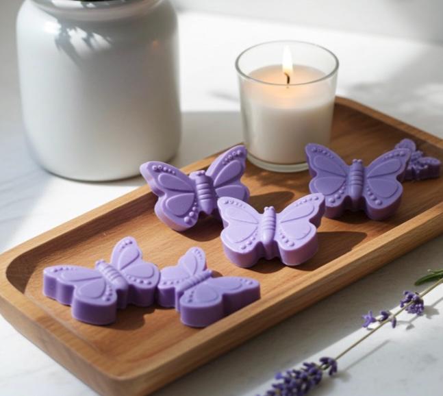 Butterfly-shaped purple soap bars on a wooden tray with a candle and lavender flowers in the background.