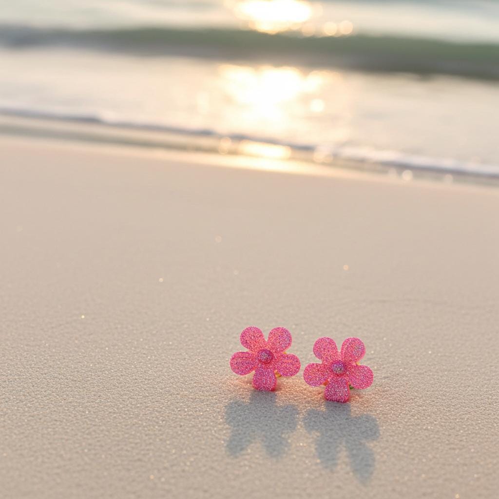 Pink flower earrings on a sandy surface with a blurred background