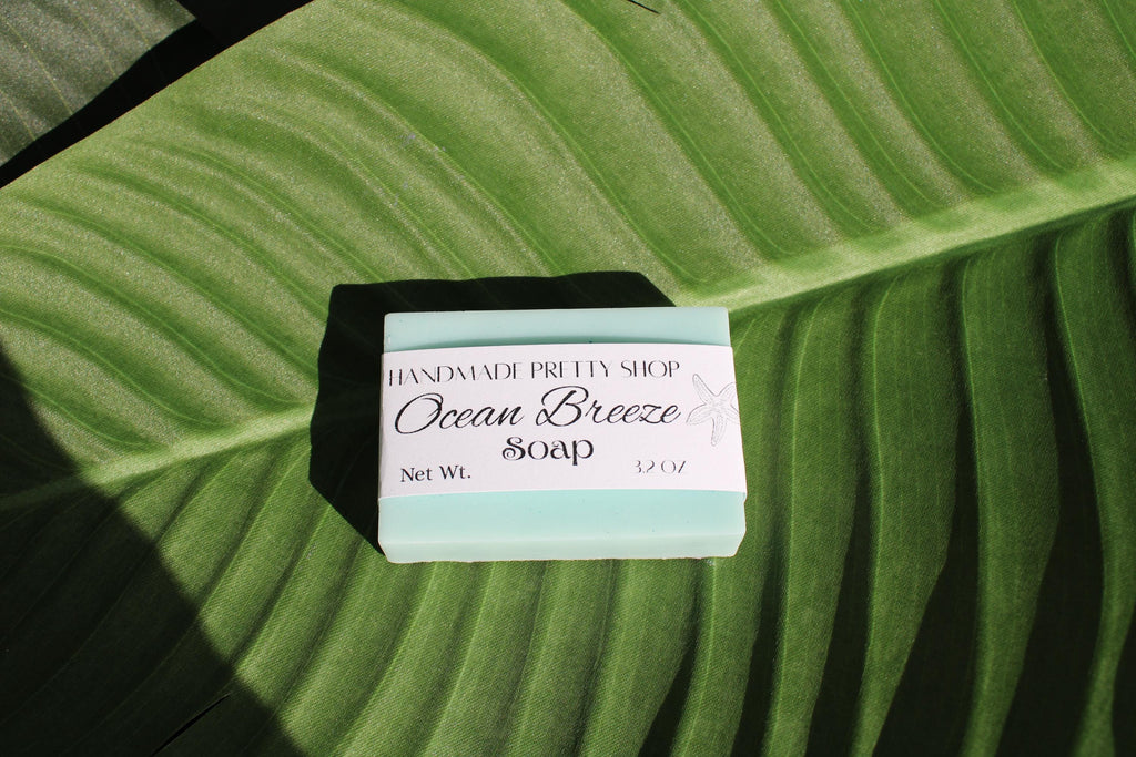 Bar of 'Ocean Breeze' soap on a green leaf