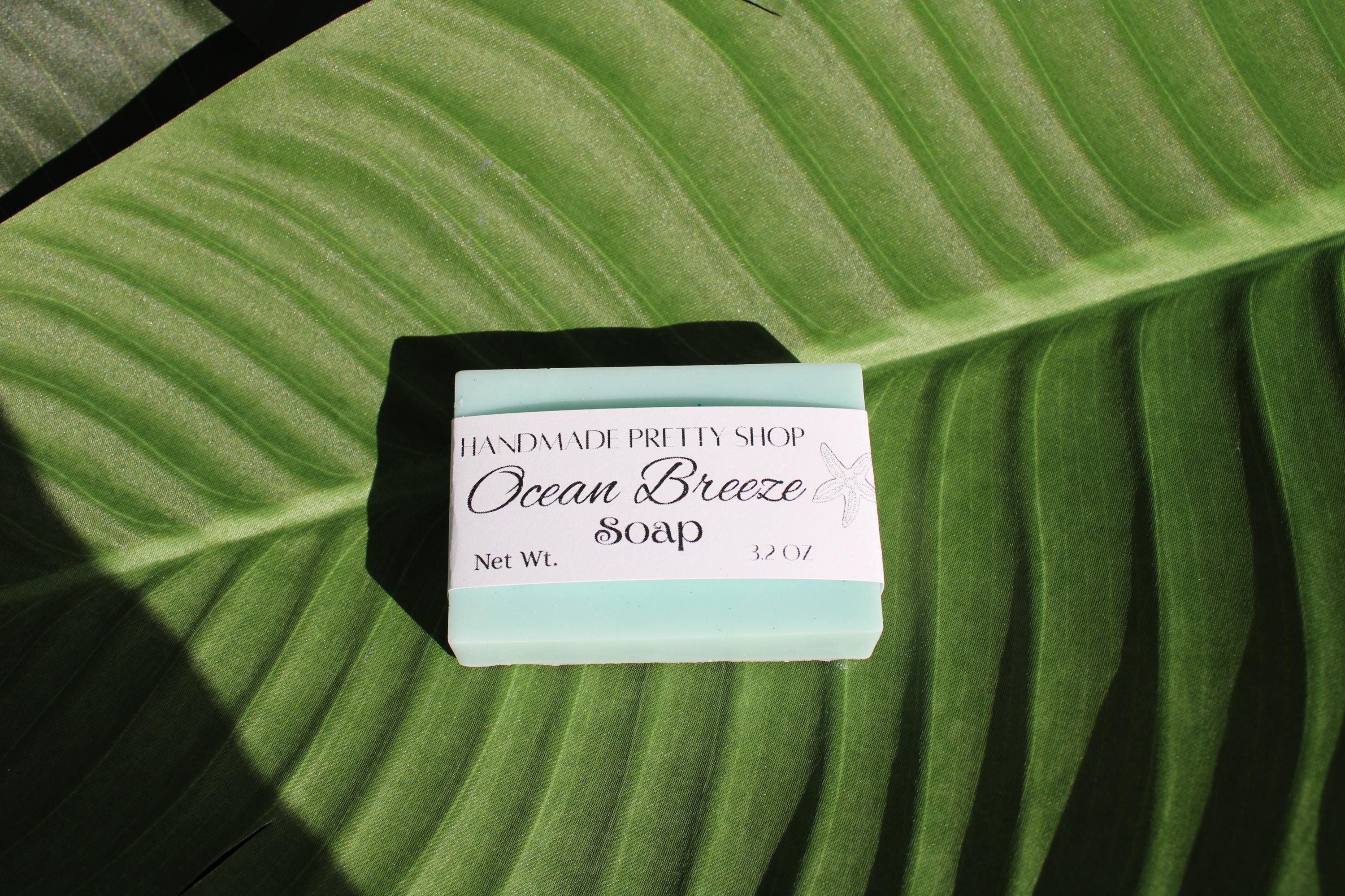 Bar of 'Ocean Breeze' soap on a green leaf