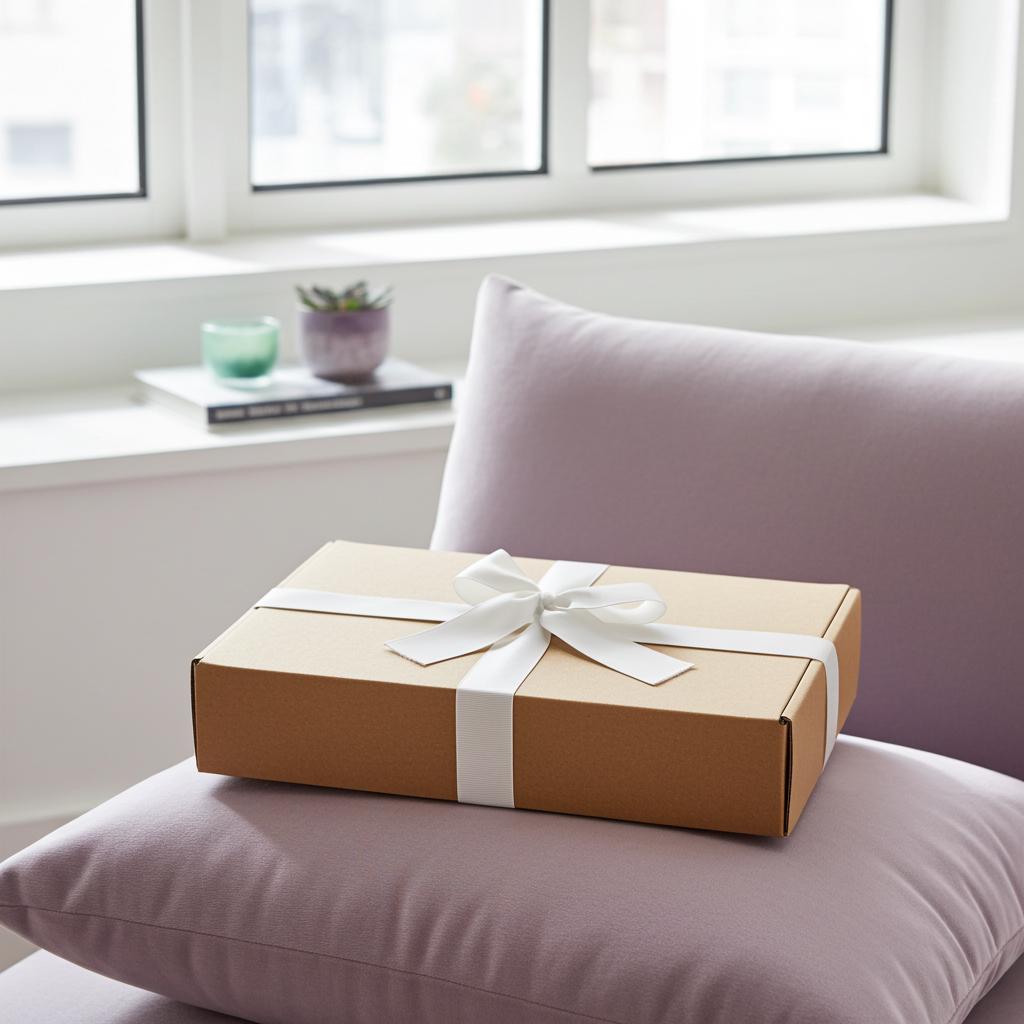 Gift box with a white ribbon on a pink cushion in a bright room with windows.