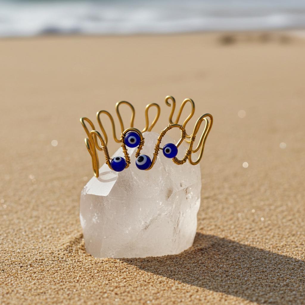Copper wire evil eye bracelet on a clear crystal block on a sandy beach.