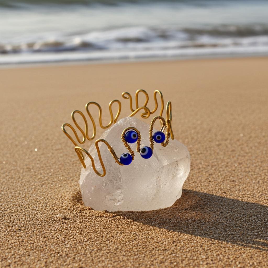 Copper wire with evil eye bead bracelet on a rock by the beach
