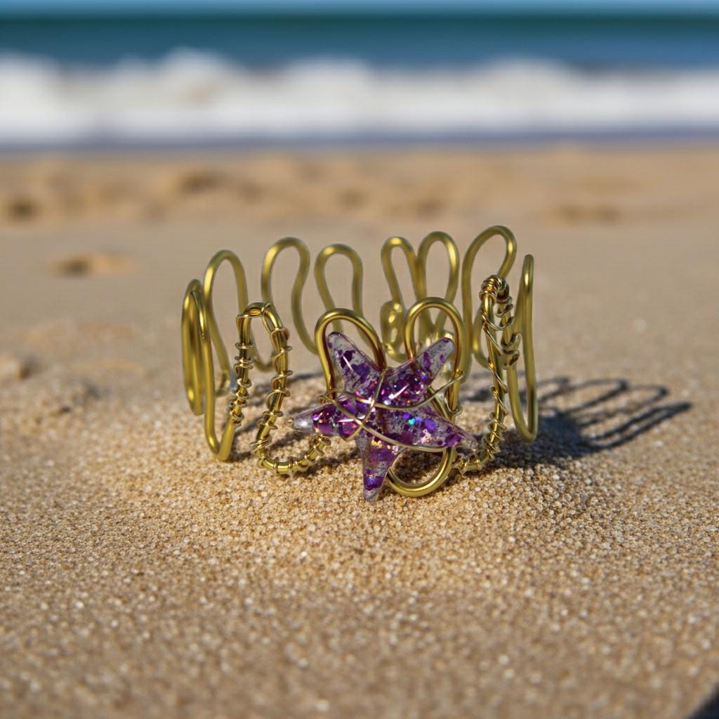 Gold bracelet with a purple starfish charm on a sandy beach