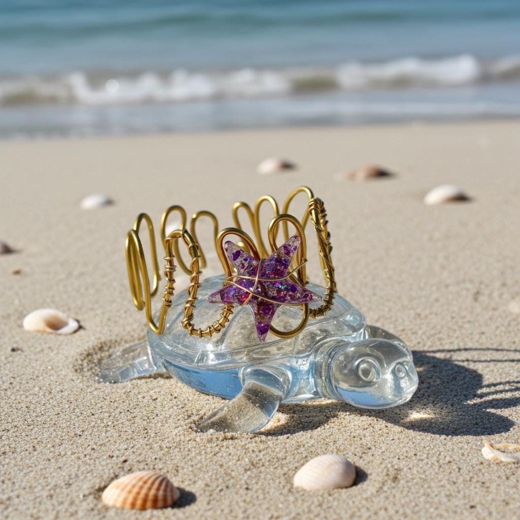 Decorative glass turtle with gold shell and purple starfish bracelet on a sandy beach.