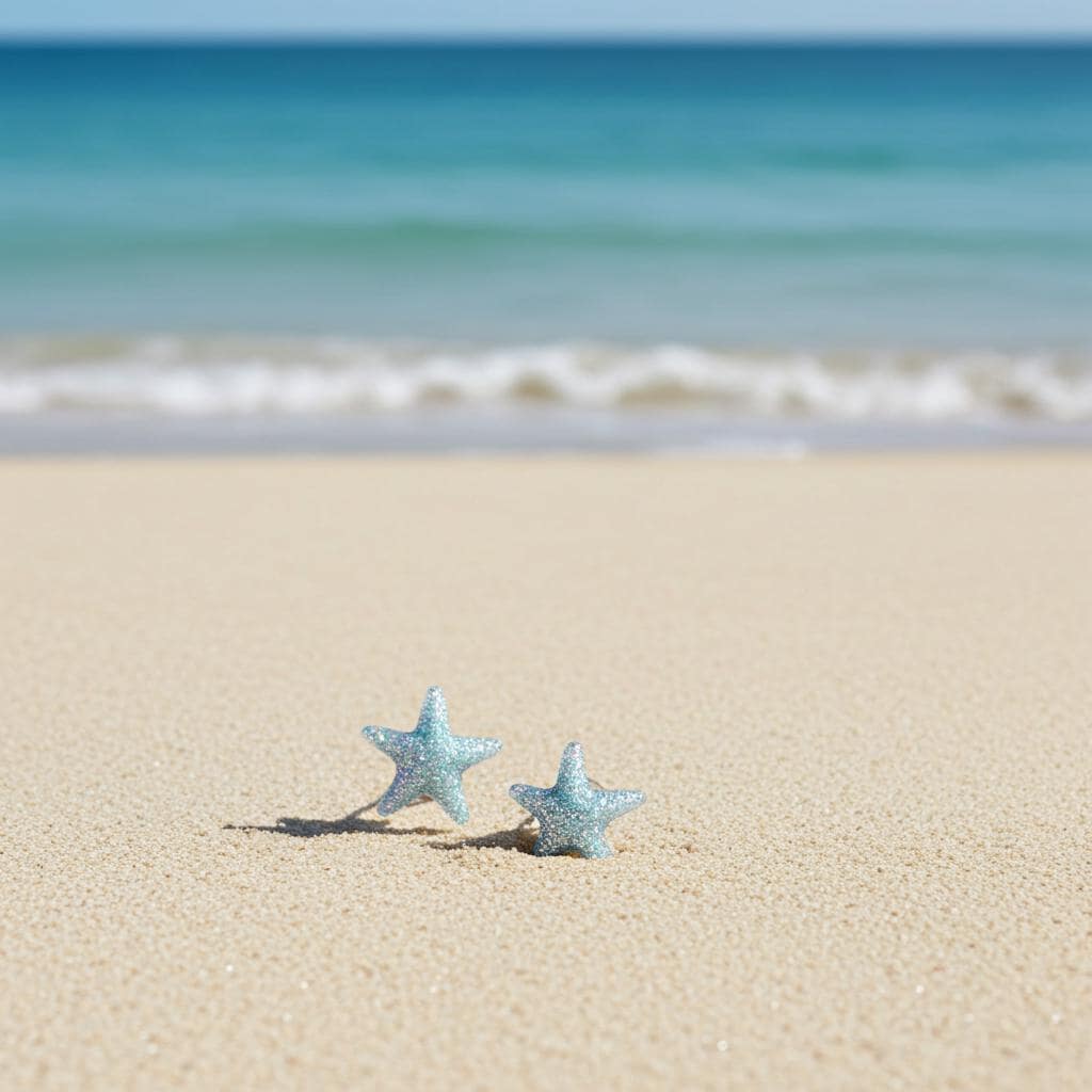 Two glittery starfish earrings on a sandy beach with ocean in the background