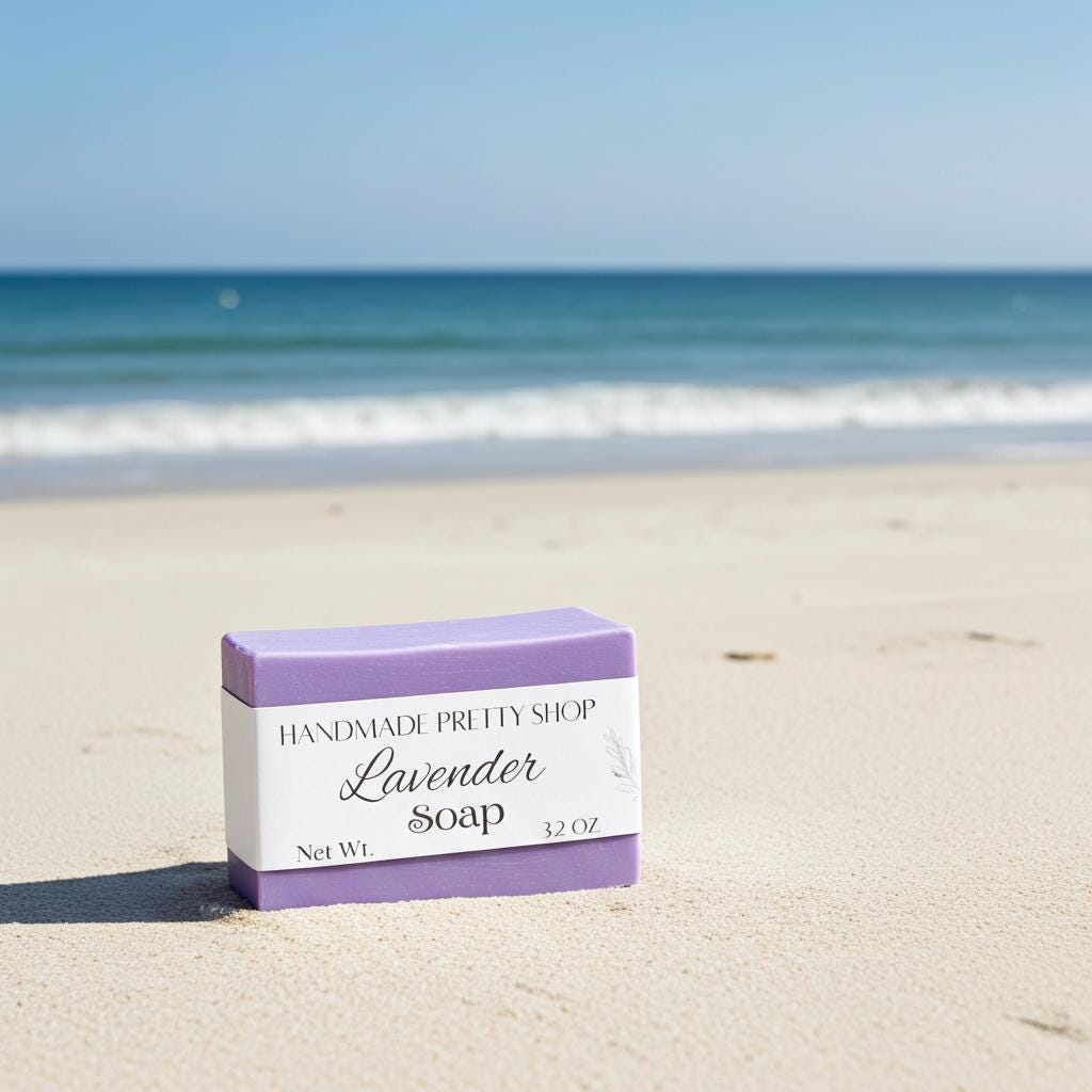 Bar of lavender soap on a sandy beach with ocean in the background