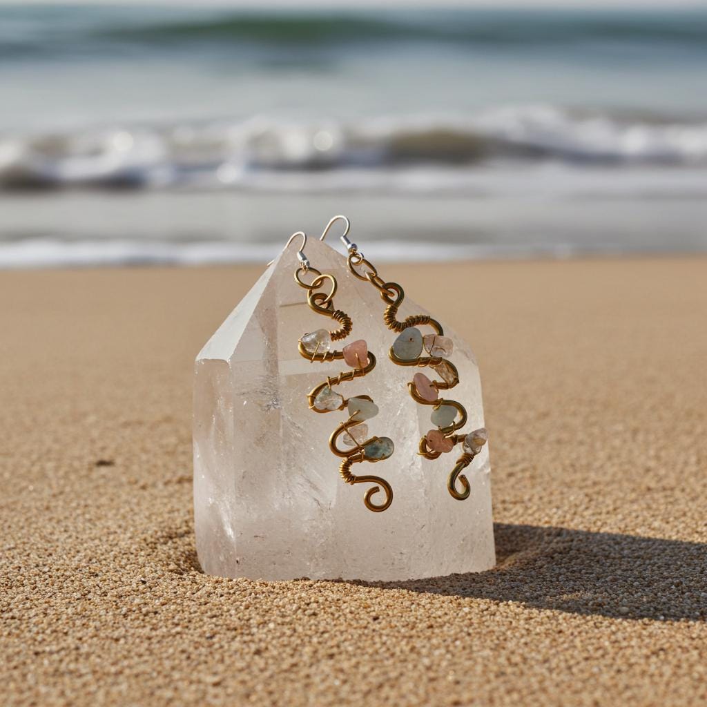Decorative earrings on a crystal with a beach background