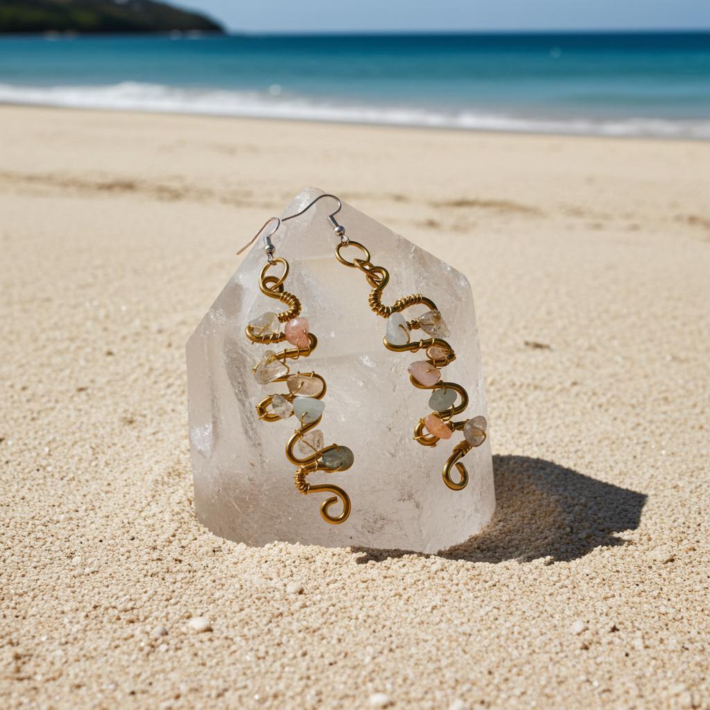 Copper wire and bead gemstone earrings on a clear crystal with a beach background