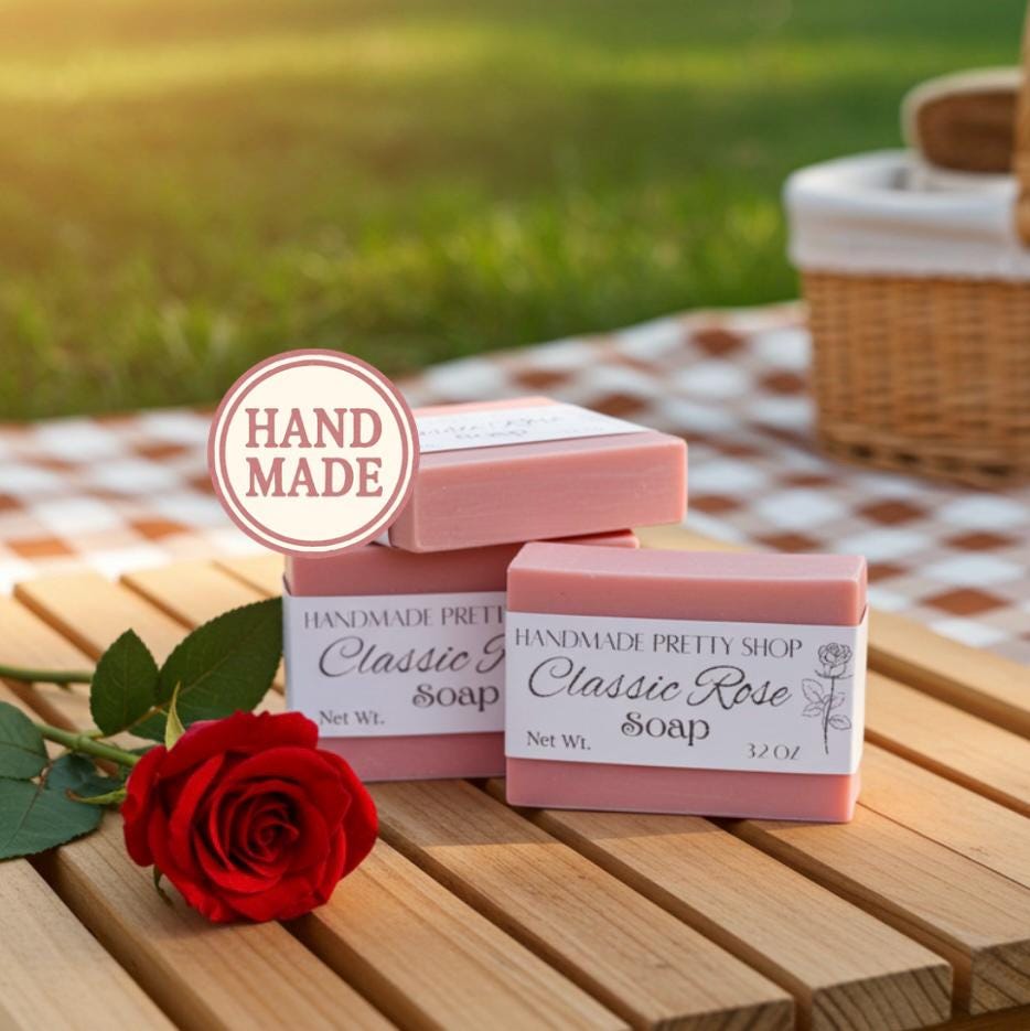 Handmade soap bars with a red rose on a wooden table outdoors.