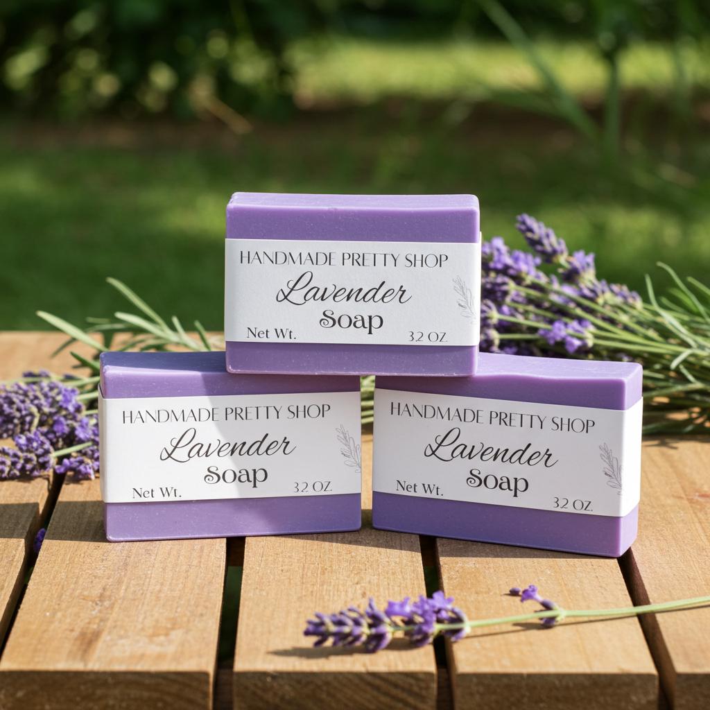 Three bars of lavender soap from Handmade Pretty Shop on a wooden surface with lavender flowers.